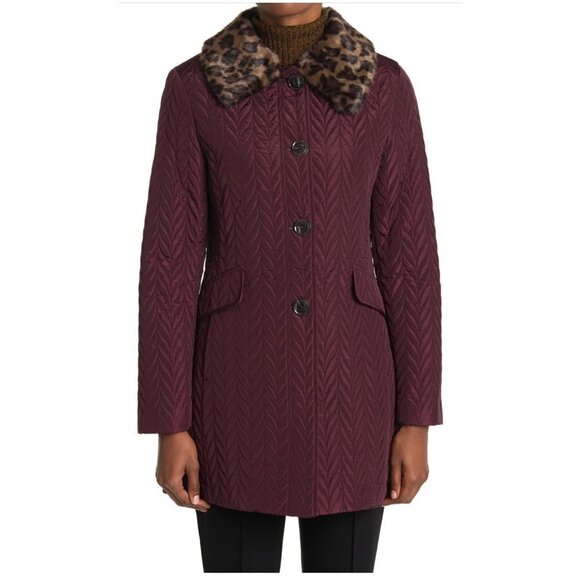 Kate Spade Womens Plum Quilted Leopard Faux Fur Collar Pea Coat Sz S New - Picture 1 of 9